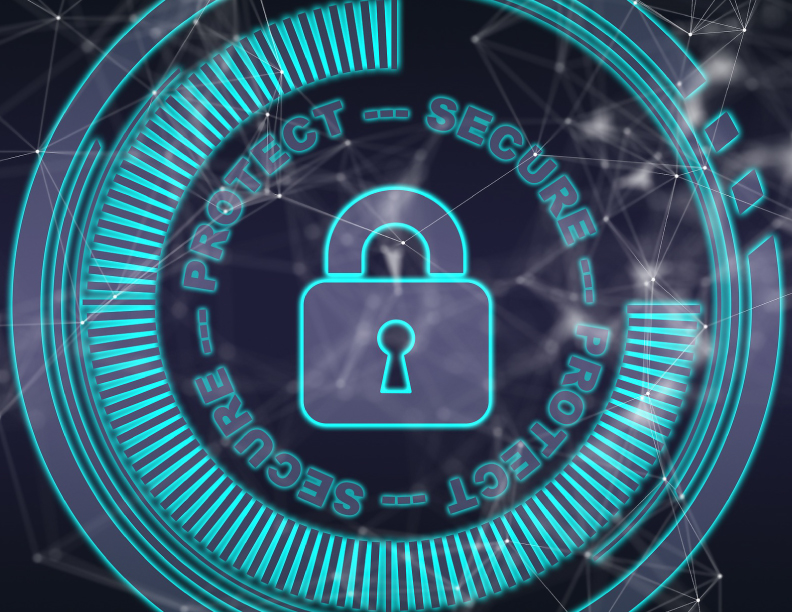 A rendering of a virtual padlock encircled by various high-tech looking effects and the words: Protect - Secure - Protect - Secure