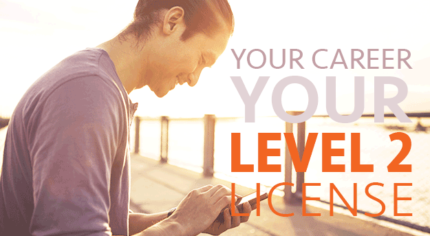 CAIB.LEVEL2 Man on dock looking down at phone smiling. Text: Your career your level 2 license